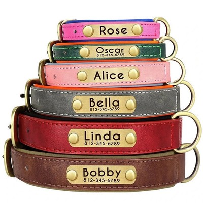Soft Leather Personalized Dog Collar ID Tag Engraved for Small Medium Large Dogs