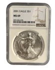 2001 American Silver Eagle $1 Dollar Coin One Troy Ounce 0.999 Fine NGC MS69