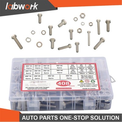 Labwork 408Pcs M5 M6 M8 Bolt And Nut Assortment Kit(18-8) A2 Hex Stainless Steel