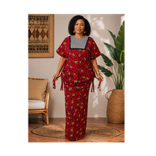 Red Floral kaftan top & long skirt Square Neck Short Sleeve Drawstring One Size