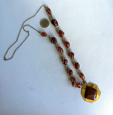 Collier Long Pendentif Années 70 En Métal Doré Avec Agate Et Hématite - Style Vintage Bohème