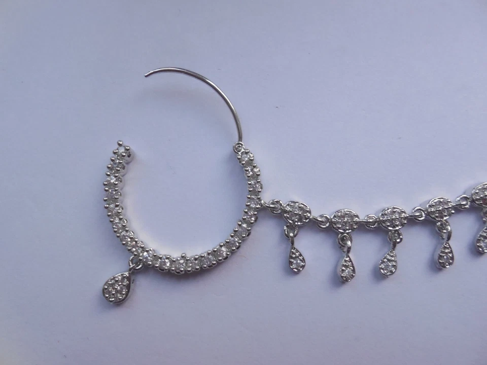 Anillo de nariz perforado plateado con cadena joyería cristal nariz aro novia grande Foto 3 de 4