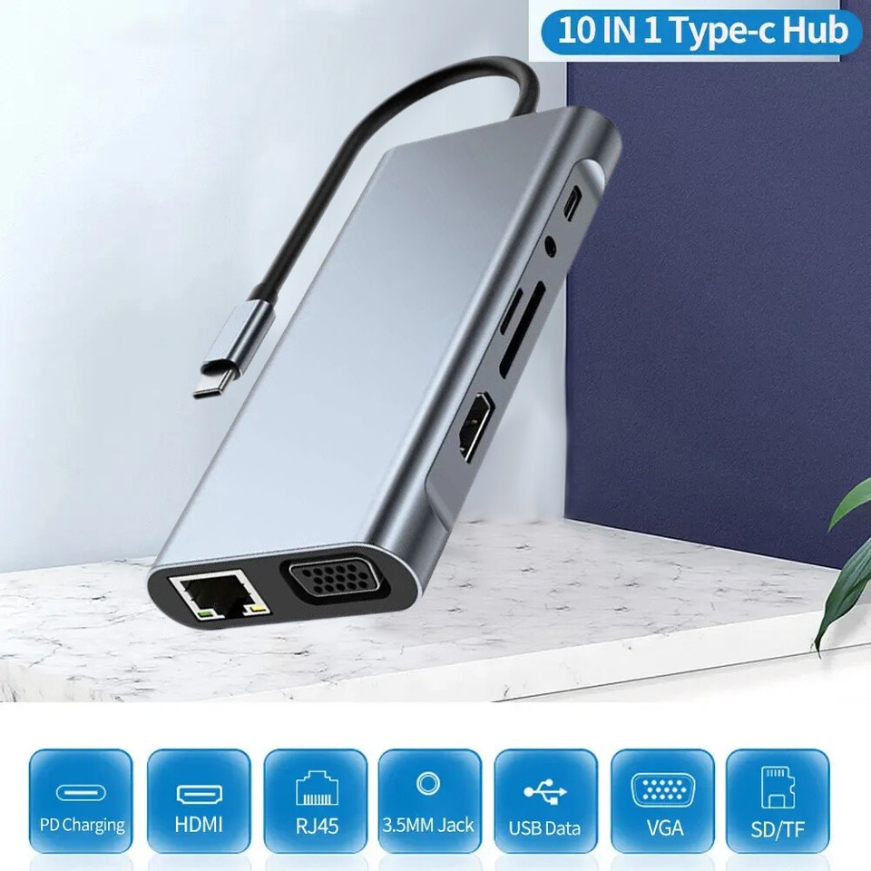 10 in 1 Multiport USB-C Type C Hub To USB 3.0 4K HDMI RJ45 SD TF Ports ...