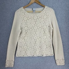 Carole Little Cream Knit Crochet Lace Sweater Size Medium Wool Angora Blend
