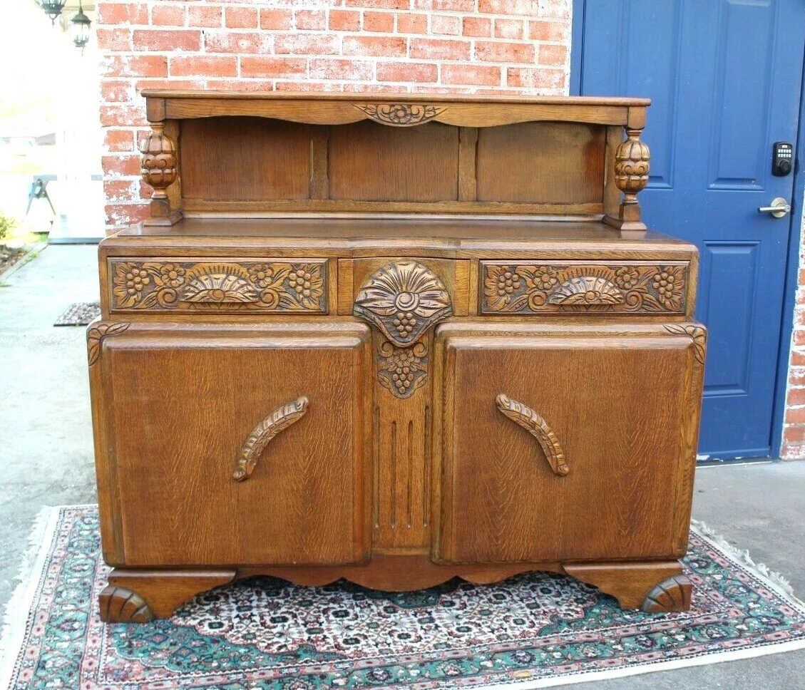 English Antique Tiger Oak Art Deco Sideboard Small Buffet Bar Cabinet