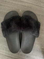 Women s Black Faux Fur Slide Sandals