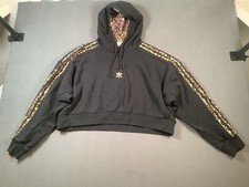 Adidas Women's Xl Cropped Hoodie Black Leopard Print Fleece Gold Logo