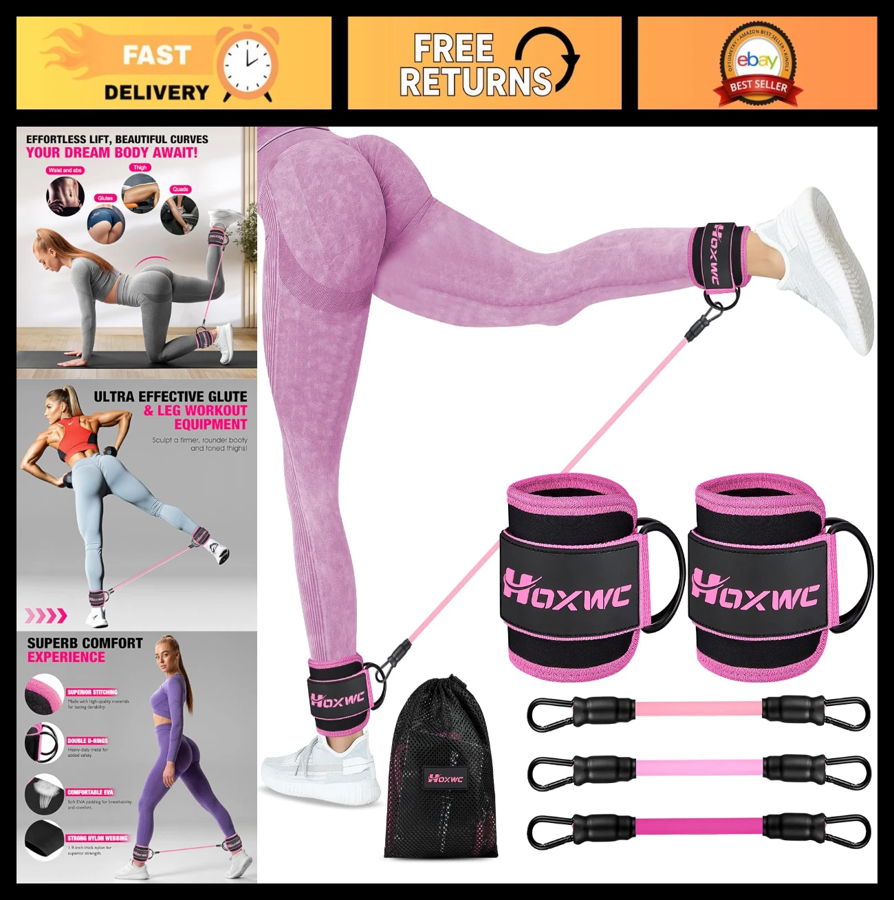 Ankle Resistance Bands with Cuffs - Leg & Booty Workout Equipment for Hip Fitnes
