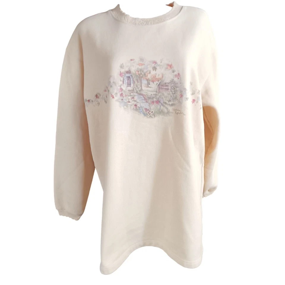 Sudadera vintage para mujer grande Cottagecore floral escena de cabaña ribete de encaje años 90 Foto 3 de 4