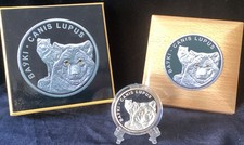 2007 Belarus 1 Oz Silver Wolves Coin with Swarovski Crystals and Wood Box & COA