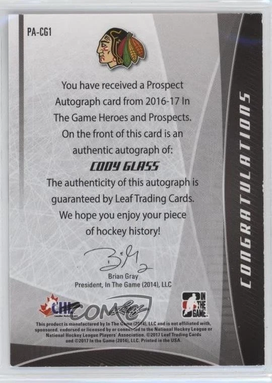 2016-17 Leaf ITG Heroes & Prospects Prospect Bronze Cody Glass #PA-CG1 Auto - Image 2 of 2