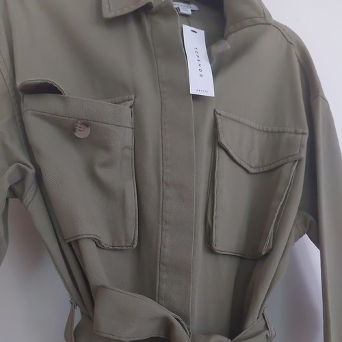 New Topshop Med Khaki Green Cotton Belted Pockets Short Jacket Shacket - Picture 4 of 12