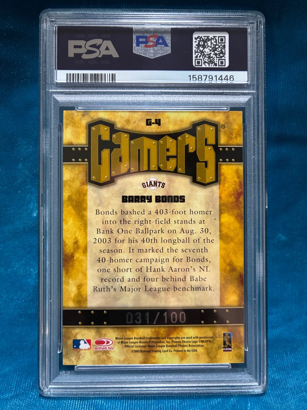 PSA 6 Pop 1 Only 2^ 2004 Leaf Gamers Quantum Barry Bonds #G-4 Refractor /100 SFG view 2