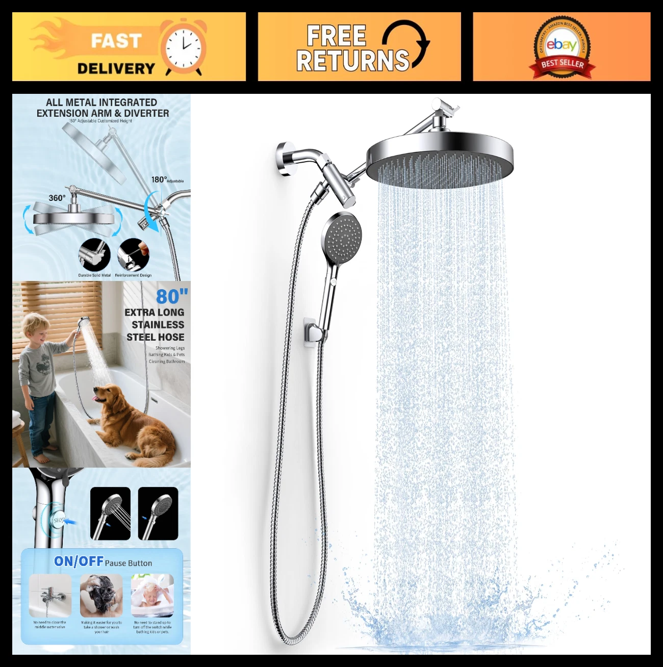 10" High Pressure Rain Shower Head & Handheld Spray Combo, Dual Heads, 80" Hose