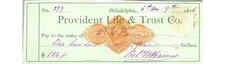 Provident Life & Trust Check 1876 Philadelphia Banking Document - *PA History*