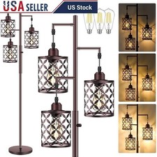 68" Dimmable Floor Lamp Farmhouse Standing Lamp with Elegant Metal Cage Brown