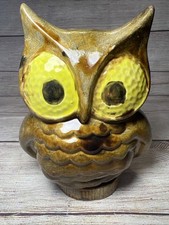 Vintage Hand Painted Ceramic Owl Coin Bank Piggy Brown Yellow Eyes 6.5x5.5  