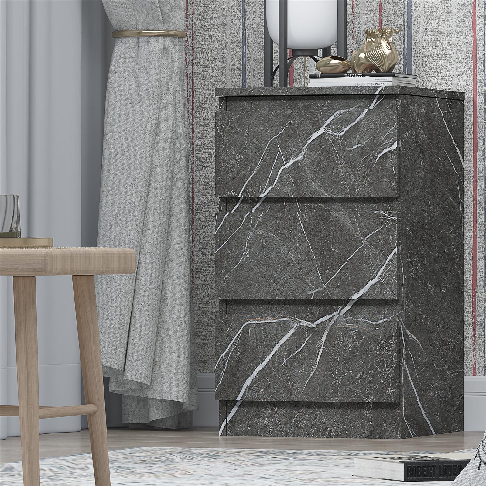 ZITA 3 Drawer Bedside - Grey Marble Effect Bedroom Furniture