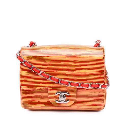 Chanel Mini Square Classic Patent Striped Single Flap Crossbody Bag Orange