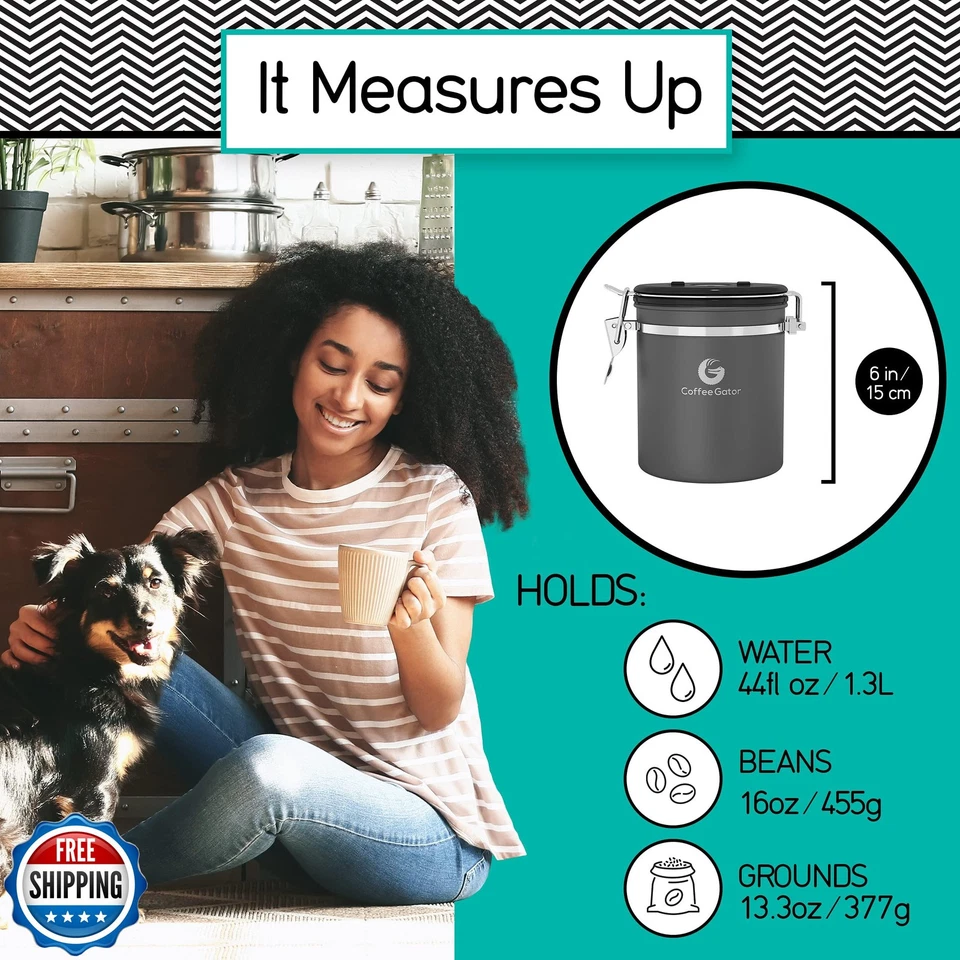 Bote de café Coffee Gator, hermético 16 oz acero inoxidable y 4 oz borosilic Foto 2 de 4