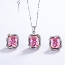 Women Pink Pendant Necklace Earrings Set Silver Plated Cubic Zircon Jewelry Gift