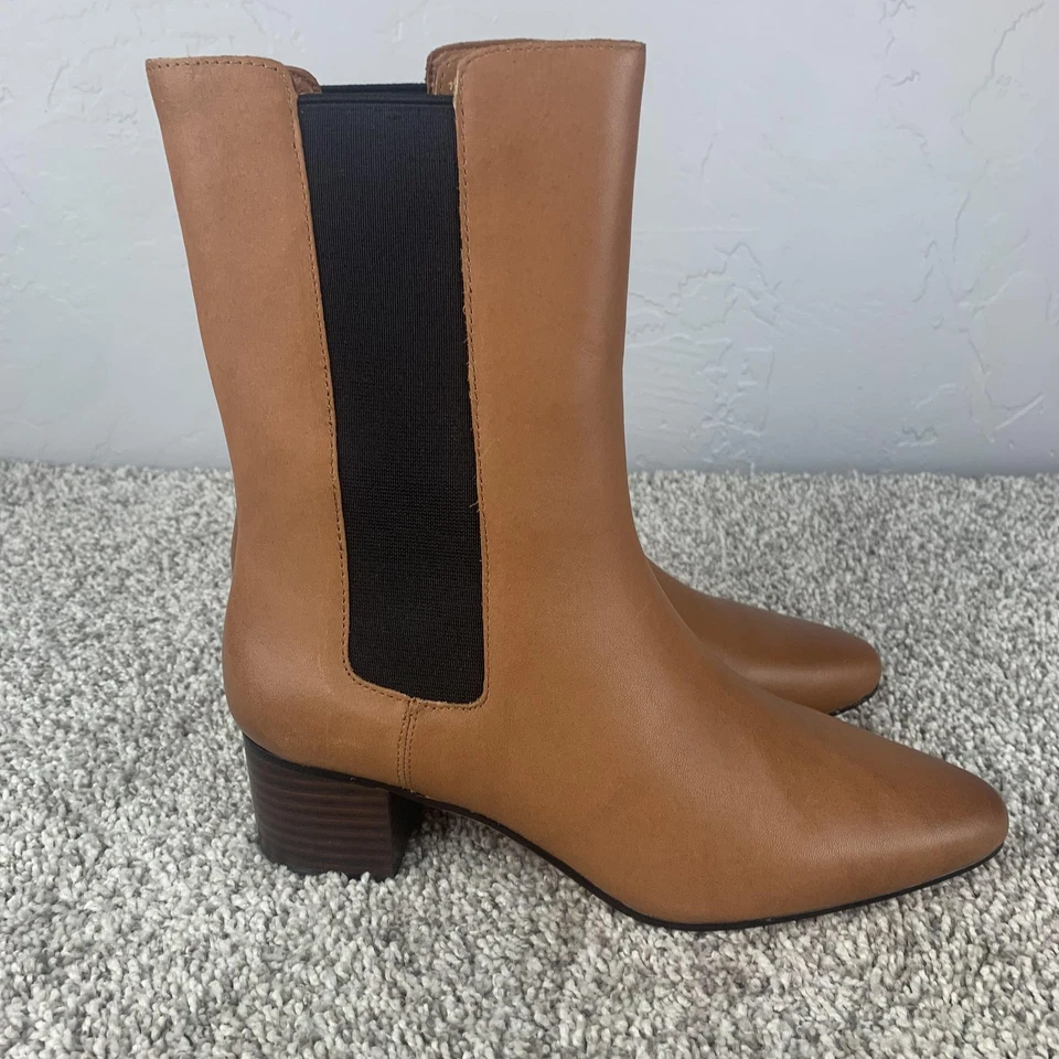 J.Crew Botas Mujer Talla 7.5 Marrón Tostado Chelsea Tacón Bloque Cuero Tobillo Pull On Foto 2 de 4