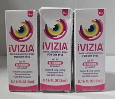 3x ivizia Sterile Lubricant Eye Drops For Dry Eyes,5mL Exp 9/26