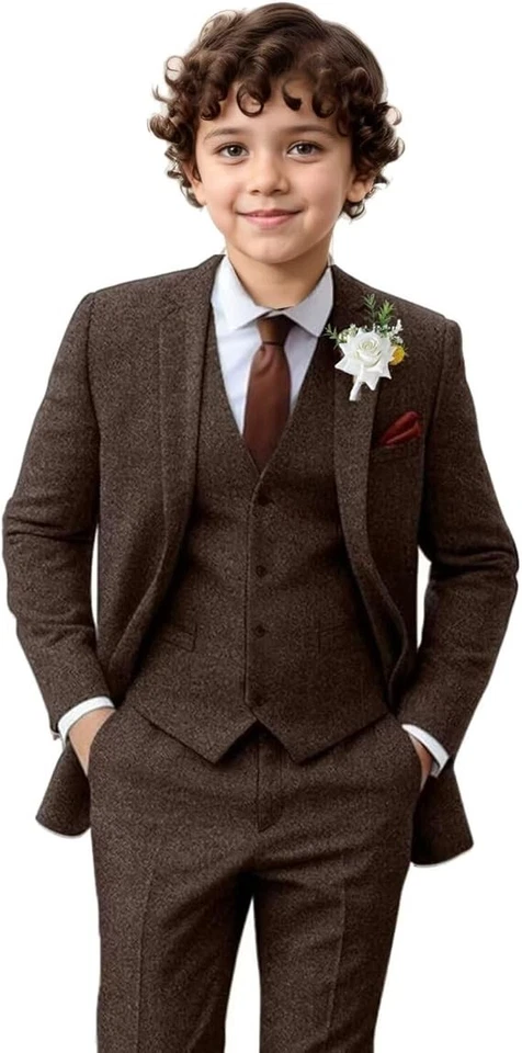 Твидовый мальчик костюмы зимние официальный случай свадьбы жених пальто брюки жилет три изделия - Изображение 3 из 4