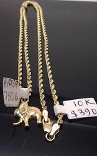 Real 10K Yellow Gold Elephant Charm 10k Gold Rope Chain Necklace 26" inch