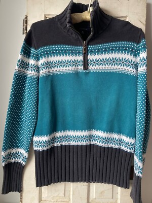 VTG Lands End Sweater Ladies Sz M Fair Isle Style 1/4 Zip Teal Black 100%  Cotton
