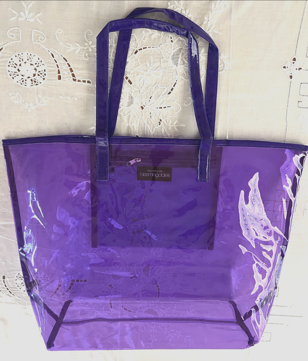 💕Bloomingdales Plastic Vinyl Clear Purple Beauty Women's Tote Bag