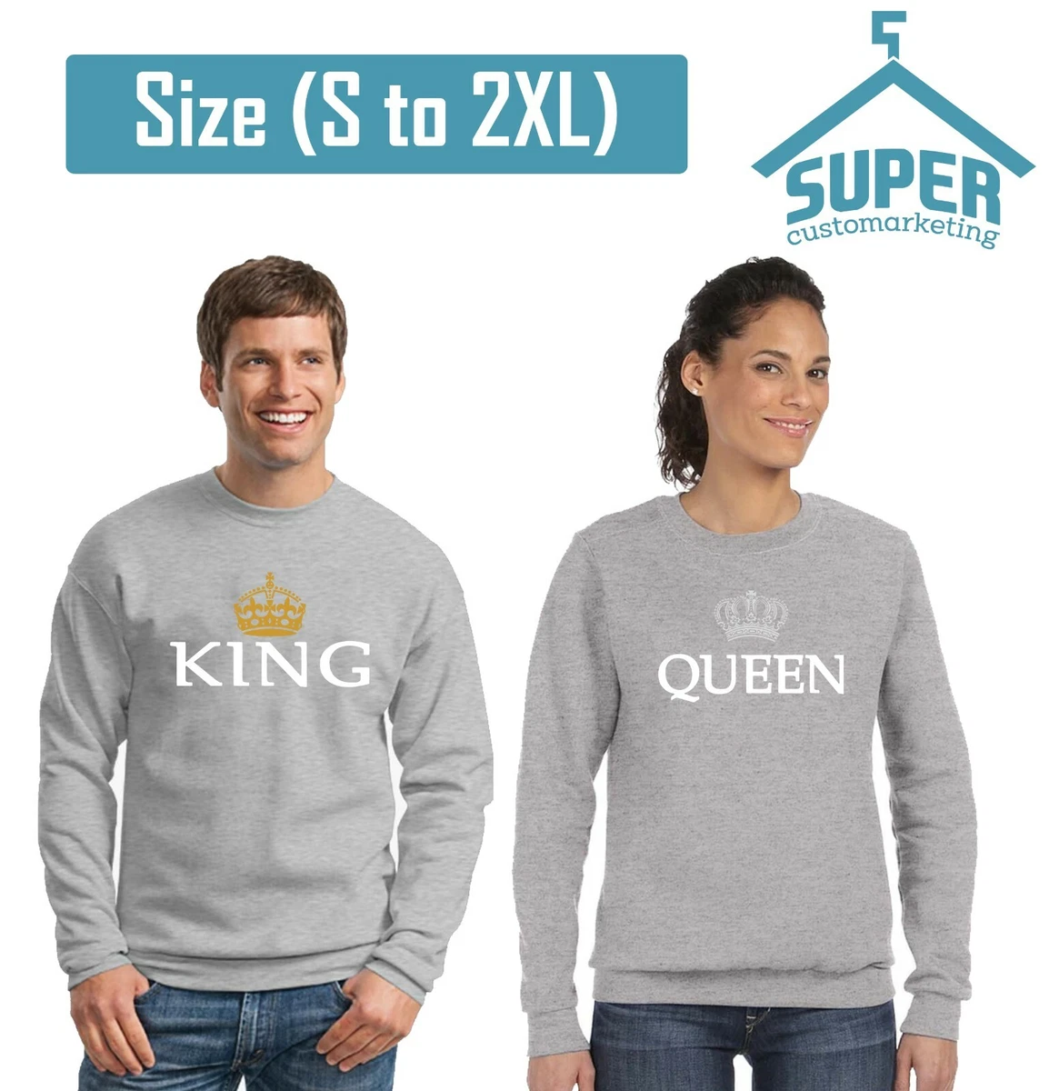 King & Queen - Couple Crewneck - Sweatshirt Super Couple Sweater King Queen  GRAY