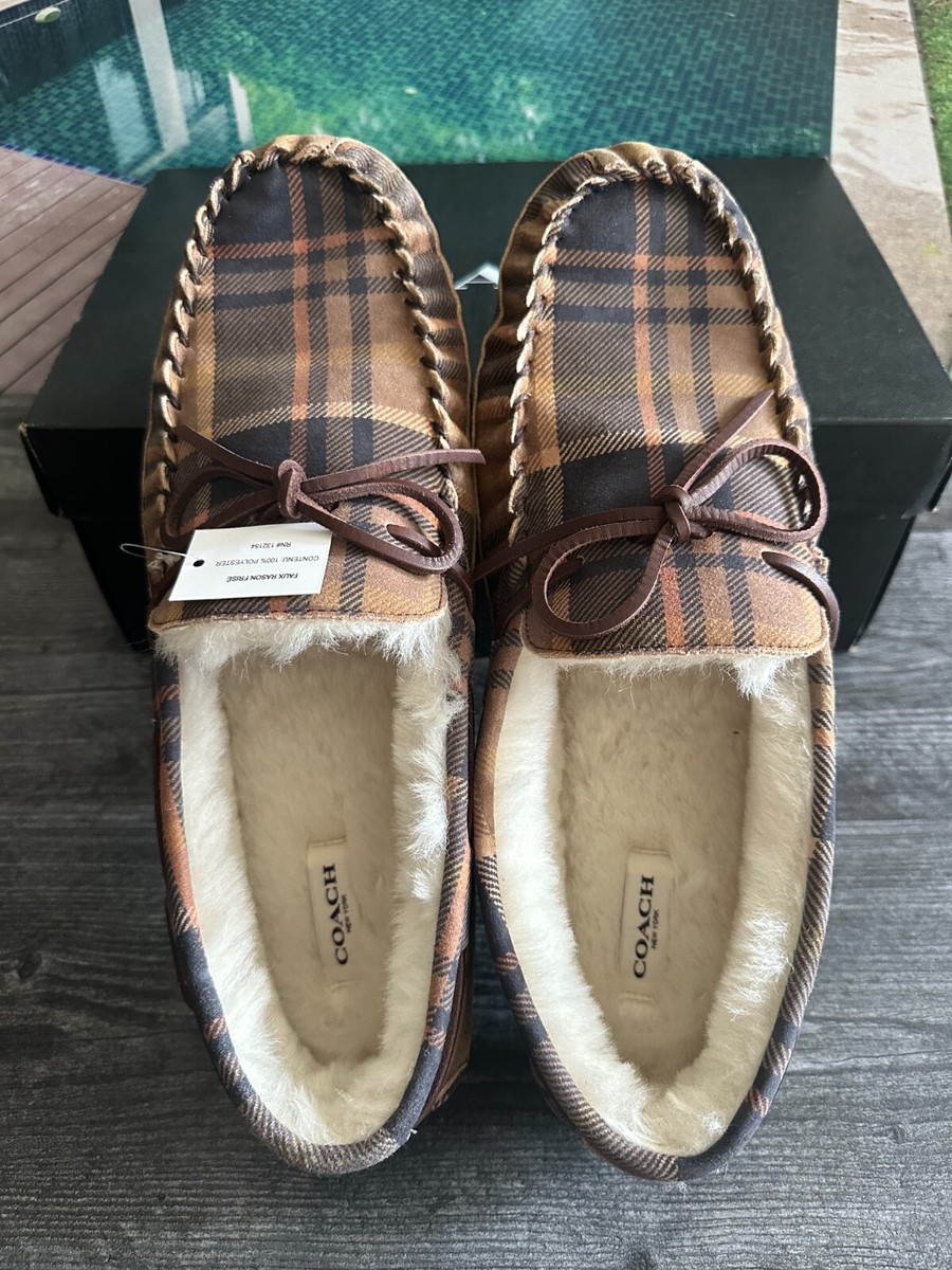 COACH MEN'S Shoes Slipper Dark Teak Fleece Shearling Moccasin