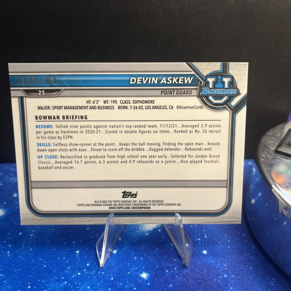 2022 Bowman University Devin Askew Purple Refractor 1st Bowman #d 169/299 Rookie - Image 2 of 3