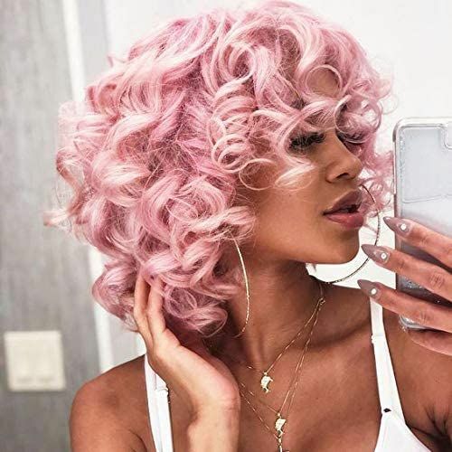 Short Pink Kinky Curly Wig with Bangs African American Heat Resistant Synthetic - Bild 2 von 8