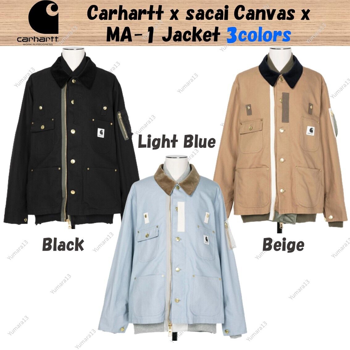 Carhartt x sacai Canvas x MA-1 Jacket 3colors Black Beige Light Blue XS-XXL  New