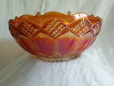 Vtg IMPERIAL? Orange Marigold DIAMOND Irdsnt Crnivl Glass 8"Fruit Bowl MCM-Rare