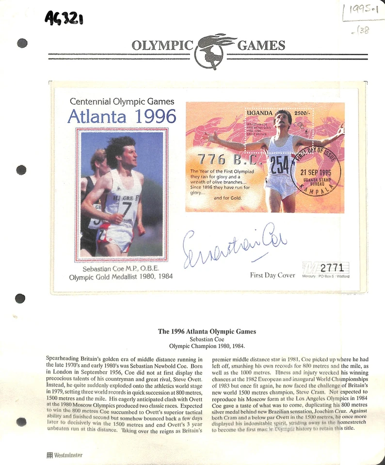 UGANDA Cubierta Kampala FDC Juegos Olímpicos Sebastian Coe Autógrafo DEPORTE 1995 AG321 Foto 2 de 3