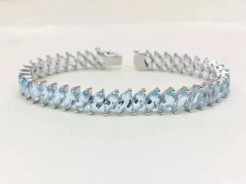 11Ct Marquise Cut Simulated Aquamarine Tennis Bracelet 14K White Gold Plated - Image 2 of 4