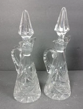 Antique American Brilliant Lead Crystal Cruet 8" tall Faceted Stopper Set of 2