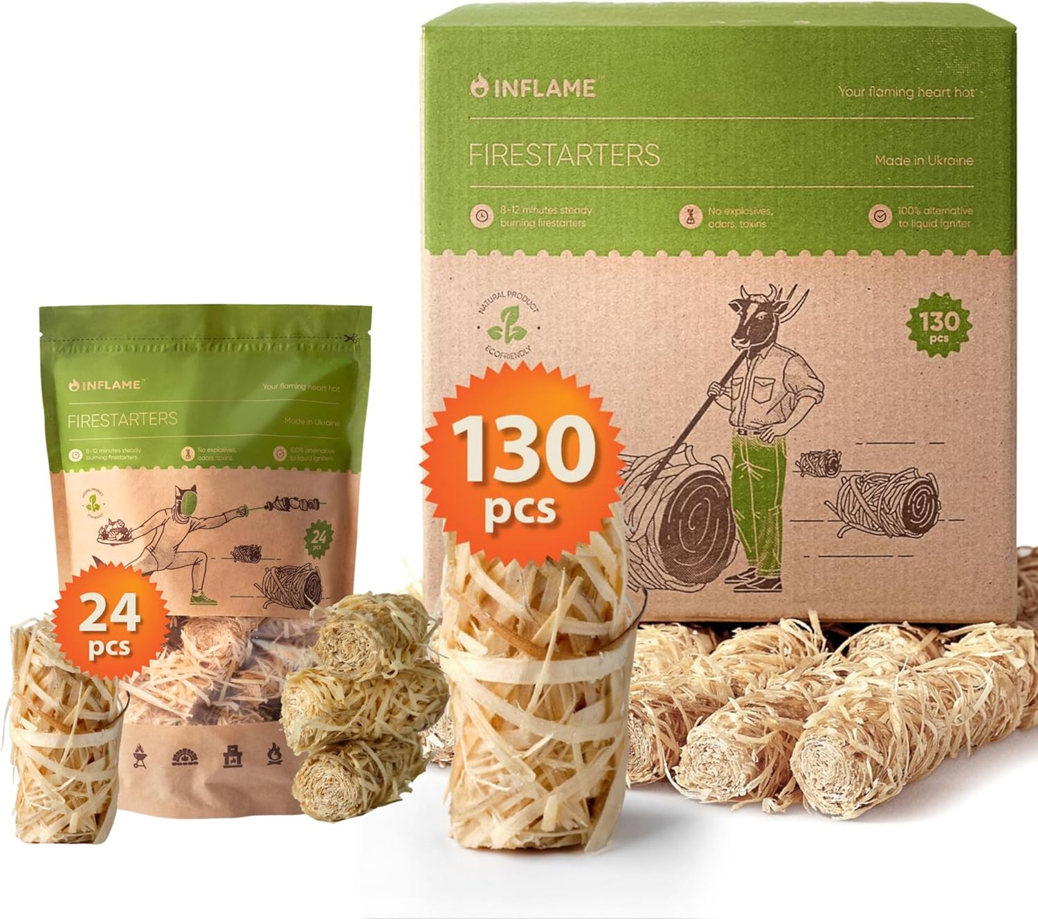 Fire Starters Set 154 Pcs: 130 Pcs + 24 Pcs Firestarters for Campfires, Grill, B