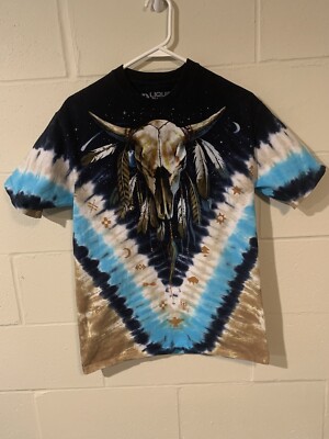 VTG Liquid Blue Double Sided Tie Dye Native Bison T Shirt Men's Size M 2003