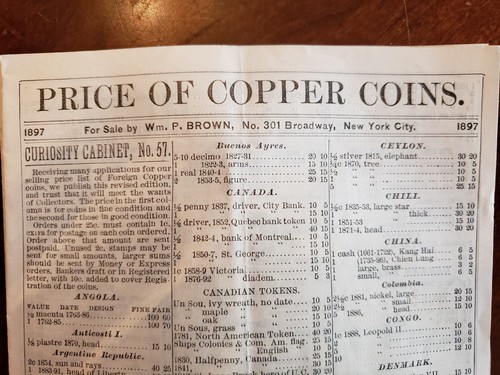 Vintage RARE Copper Coin Price Guide c. 1897 of coins for sale by Wm. P. Brown