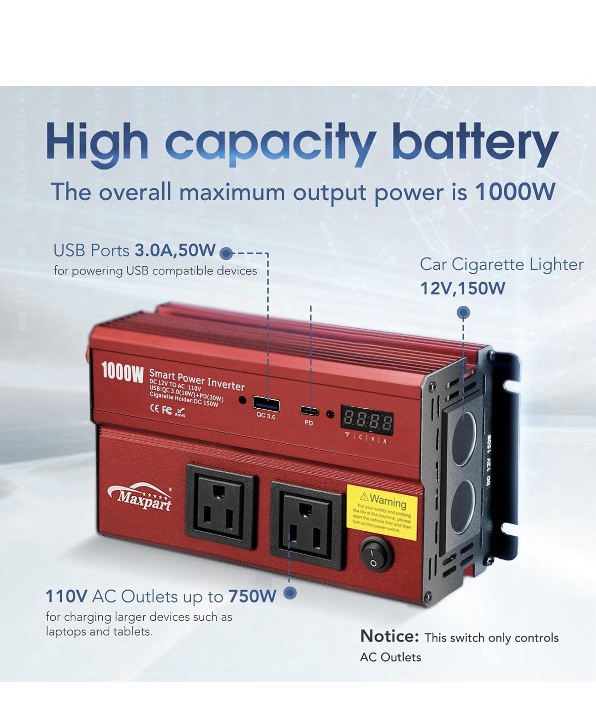 1000W Power Inverter, Car/Light Truck 12V DC to 110V AC Converter USB and 3.0A