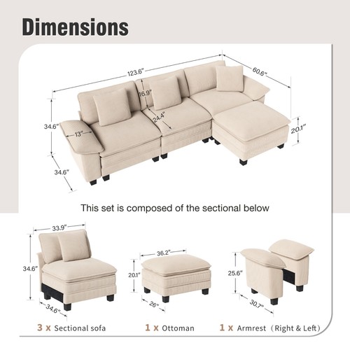 Modular Sectional Sofa Corduroy Cloud Couch with Chaise and Cushion 1/4/5/6-Seat - Picture 19 of 35