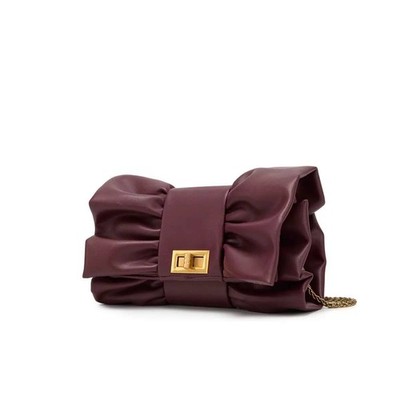 Burgundy Bow Clutch Purse Chain Strap Evening Shoulder Handbag