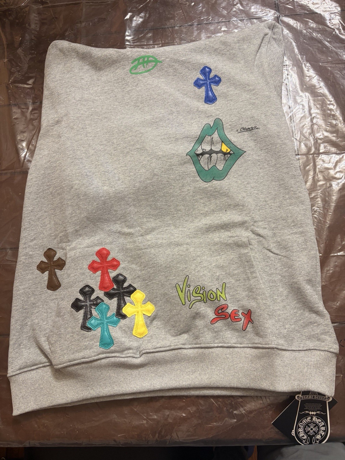 Gray Cross Patch Graphic Pullover Hoodie Pockets … - image 2