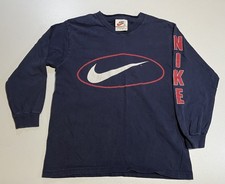 Nike USA MADE 90s Y2K Youth Boys M Long Sleeve Shirt Navy Blue Spell Out Oval