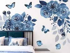 Flower Wall Decals - Blue Peony, Butterfly Rose, Floral Peel and Stick