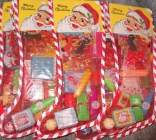 Vintage 12" Mesh Net Christmas Stocking W/ Toys Games Gumby Pokey, Ramp Walker +